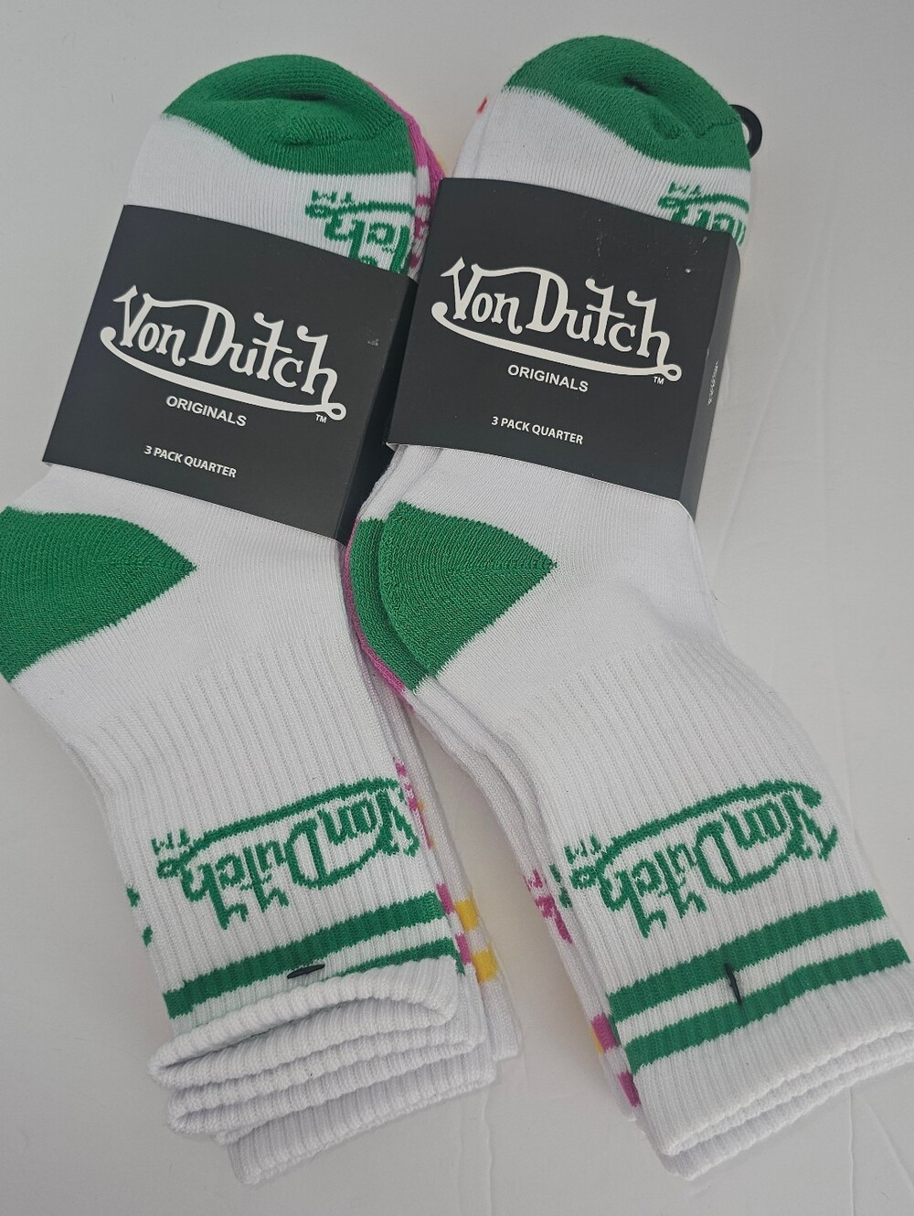 NWT 3 Pack VON DUTCH Quarter Socks! Pink, Green & Yellow Stripe!